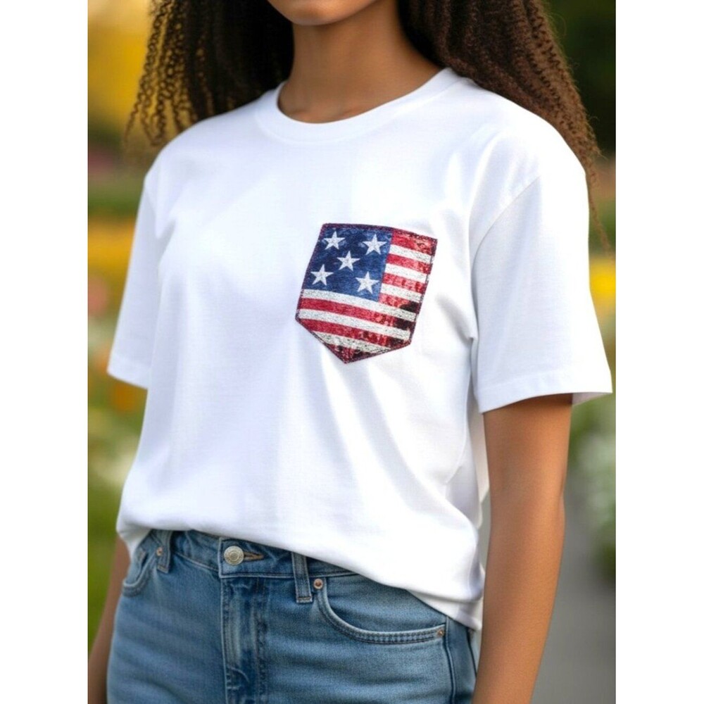 Sequined‎ American Flag Classic White Short Sleeve Tee - Various Sizes